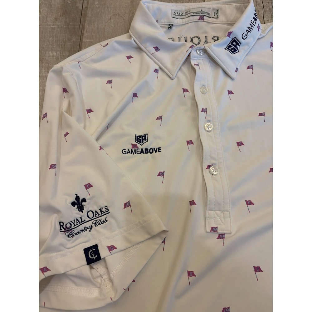 Criquet Mens Golf Polo Shirt Large White Purple Flag GameAbove Royal Oaks CC